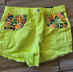 Hand Embroderied Neon Yellow Green High Waist Shorts